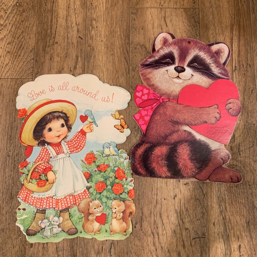 Vintage Valentine’s Die Cuts Hallmark & Eureka Little Girl Flowers Raccoon Heart